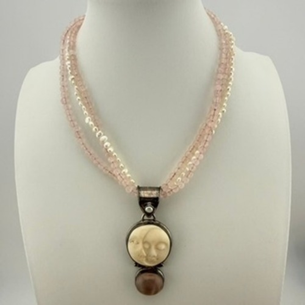 Sterling Silver Necklace Carved Bone Moon Face Multi Strand Rose Quartz Pearl